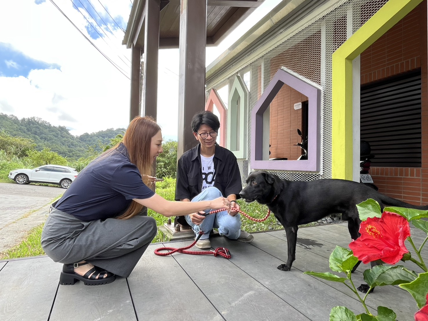 Section Chief Kim of the Livestock Health Control Association interacted with a dog using treats and said that the dog was very well socialized.